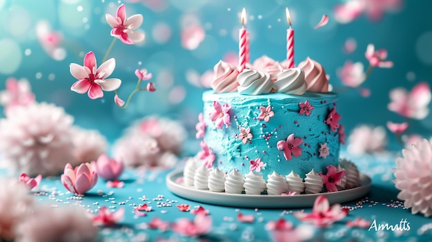 鮮やかな美味しい誕生日のケーキと色の背景のスタンドのキャンドル テキストのスペース