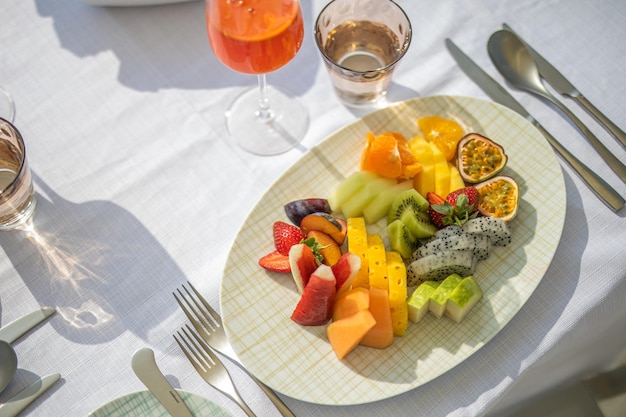 Fresh and delicious breakfast in outdoor hotel resort cafe. Carefree breakfast concept, summer