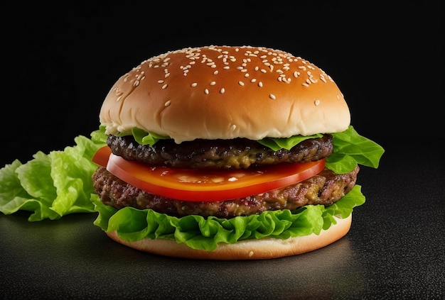 Fresh delicious burger on black background