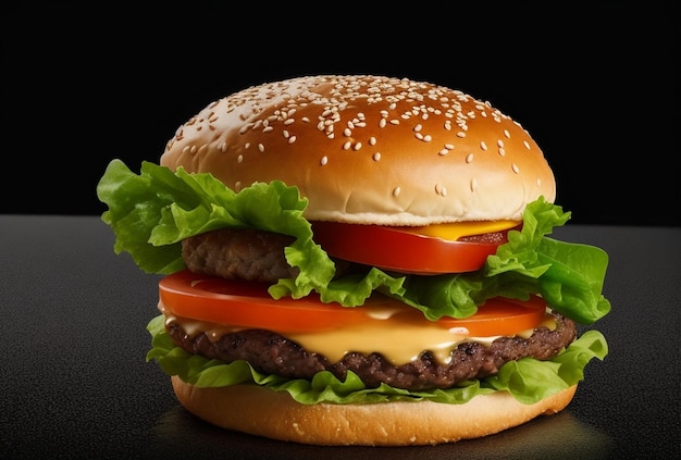 Fresh delicious burger on black background