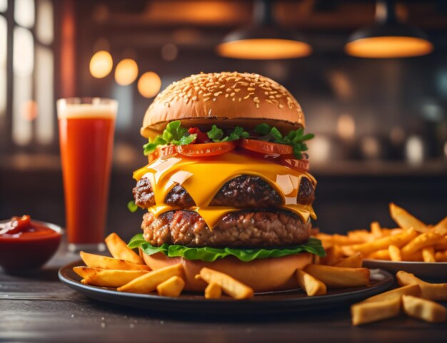 The fresh and delicious cheese hamburger with fries on a dark black background