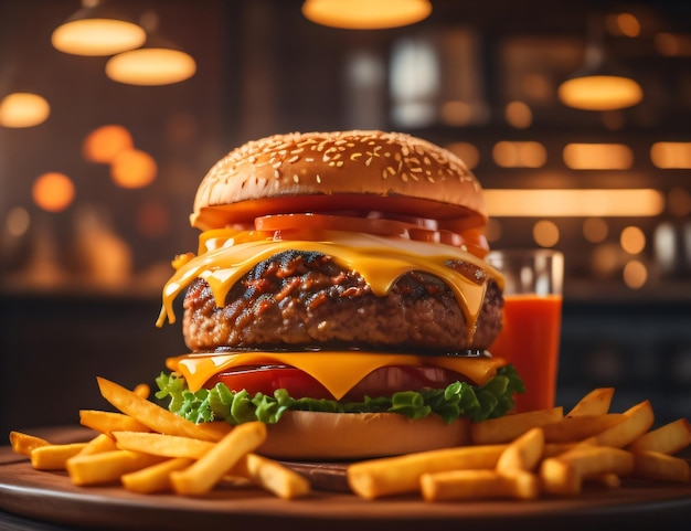 The fresh and delicious cheese hamburger with fries on a dark black background