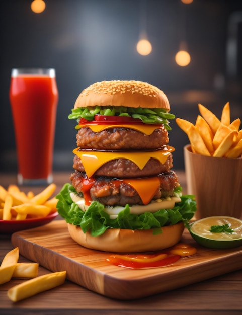 The fresh and delicious cheese hamburger with fries on a dark black background