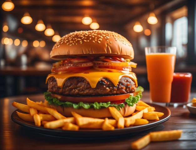 The fresh and delicious cheese hamburger with fries on a dark black background