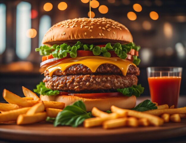 The fresh and delicious cheese hamburger with fries on a dark black background