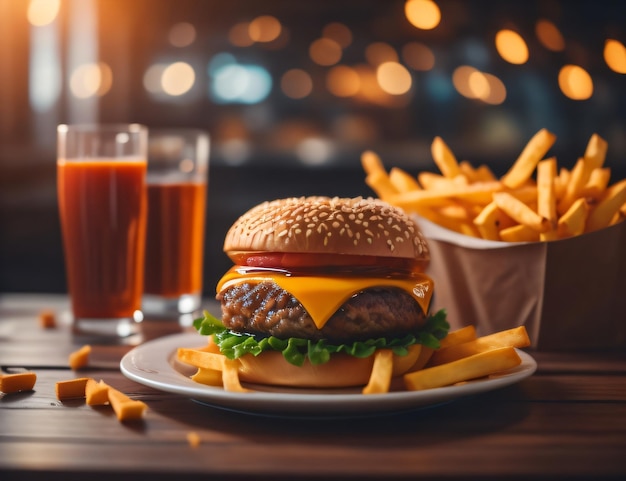 The fresh and delicious cheese hamburger with fries on a dark black background