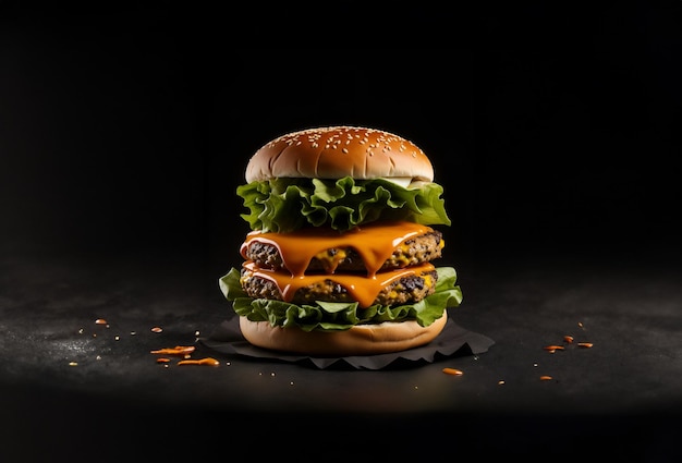 The fresh and delicious cheeseburger with fries on a dark black background