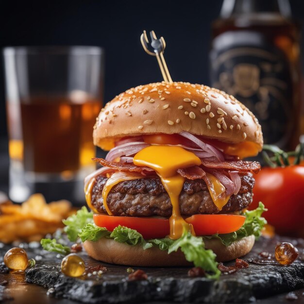 Photo the fresh and delicious cheesy double hamburger with fries on a table in the restaurant