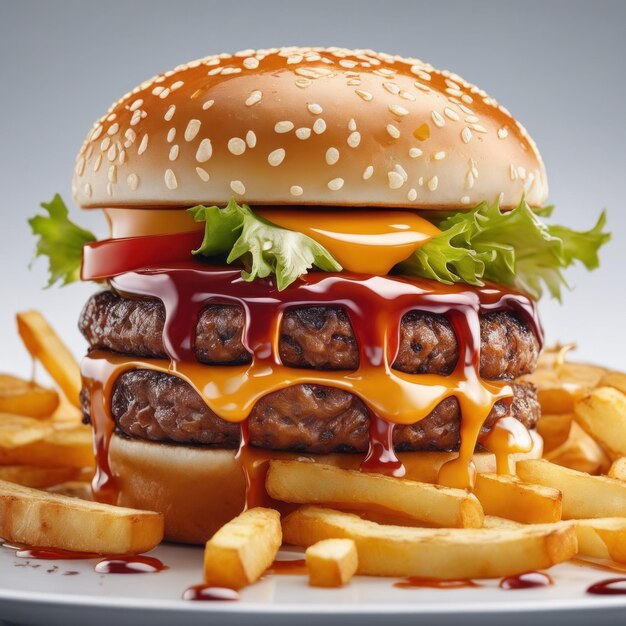 The fresh and delicious cheesy double hamburger with fries on a table in the restaurant