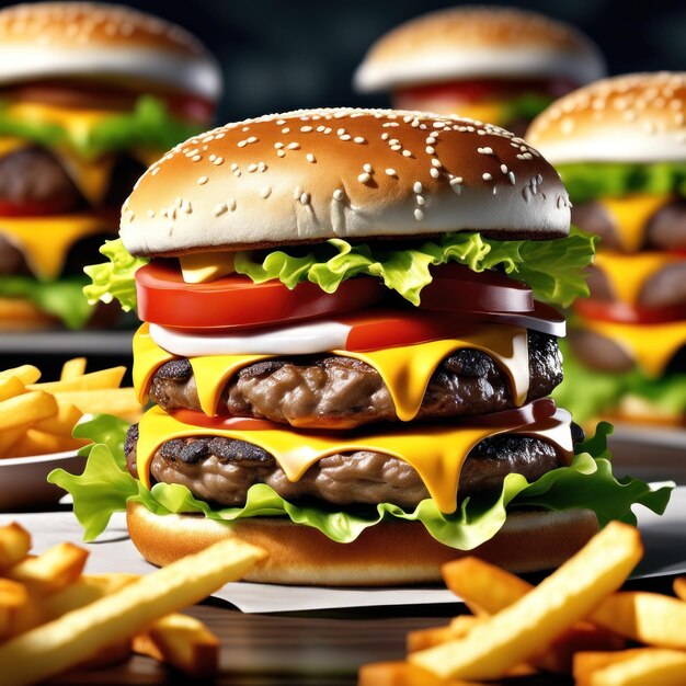 The fresh and delicious cheesy double hamburger with fries on a table in the restaurant