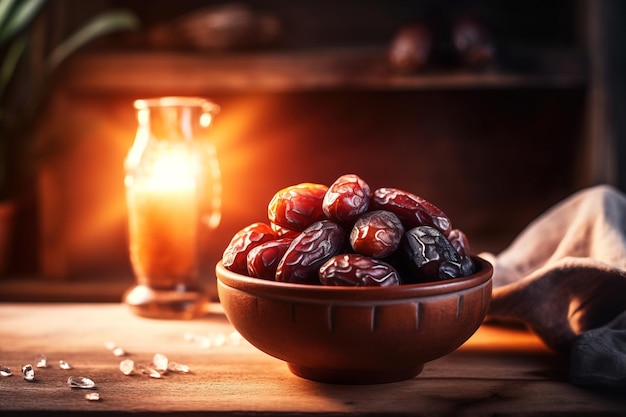 fresh delicious dates in a small saucer on a rustic wooden table with sun beam