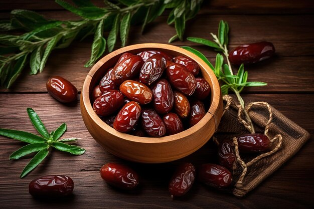 fresh delicious dates in a small saucer on a rustic wooden table with sun beam