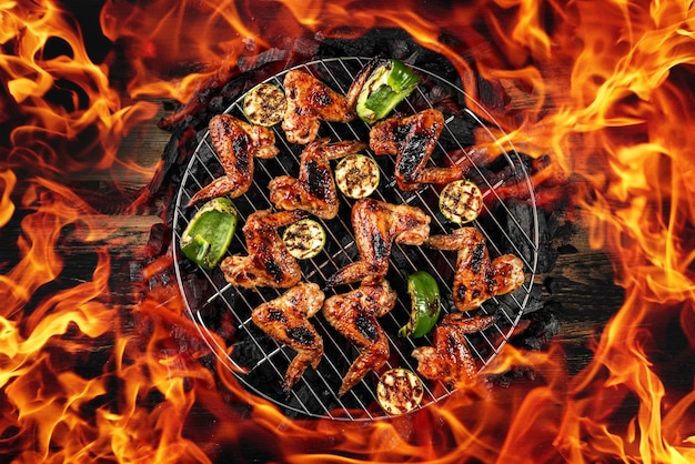 Photo fresh and delicious grilled chicken wings are grilled