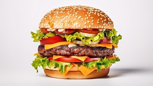Фото Свежий вкусный гамбургер изолирован на белом фоне с пространством для копирования и местом для текста ии