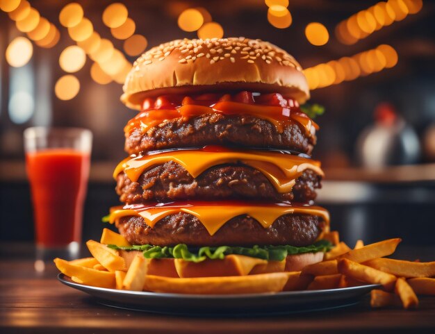 The fresh and delicious Hamburger with fries on a dark black background