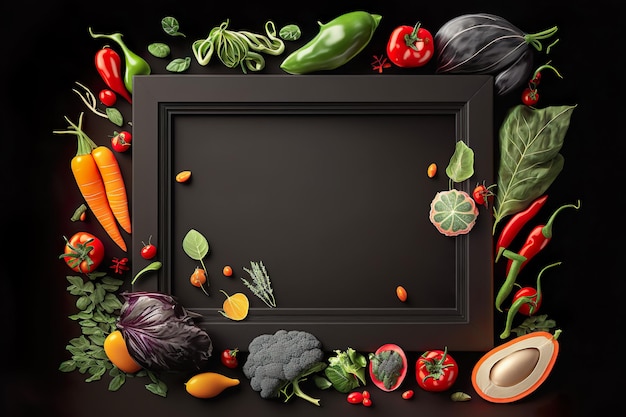 Fresh delicious ingredients of organic food for healthy cooking Fresh farmer vegetables on a black chalkboard background Generate Ai