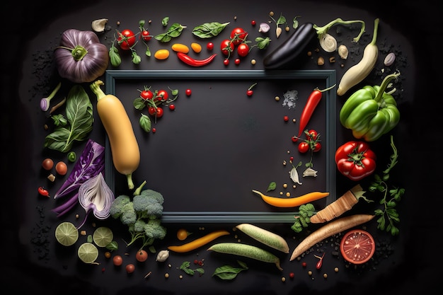 Fresh delicious ingredients of organic food for healthy cooking Fresh farmer vegetables on a black chalkboard background Generate Ai