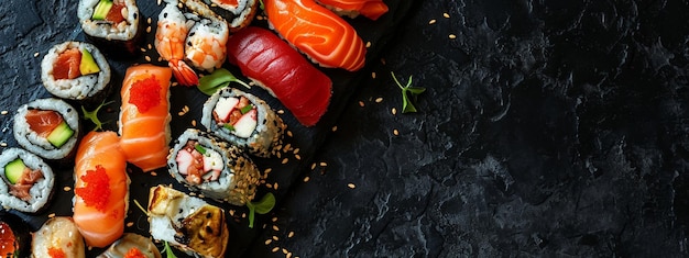 Fresh delicious Japanese sushi on a dark background sushi rolls