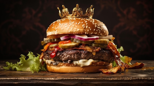 Foto fresco delizioso hamburger succoso su uno sfondo scuro con una corona in cima re hamburger ai
