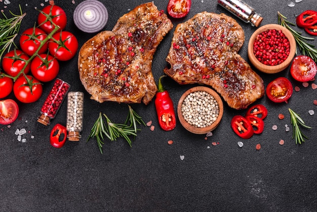 Bistecca succosa deliziosa fresca sulle ossa con le verdure e le spezie. griglia succosa della bistecca della carne di maiale sulla tavola scura