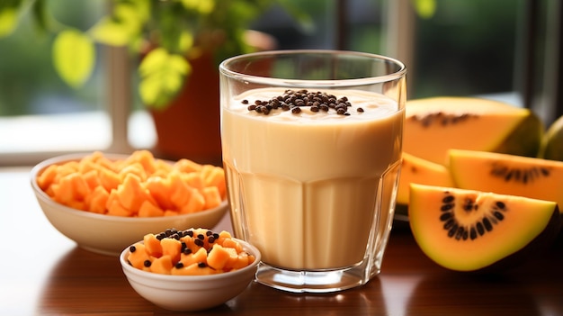 Fresh delicious papaya milk smoothie in glass cup with copy space