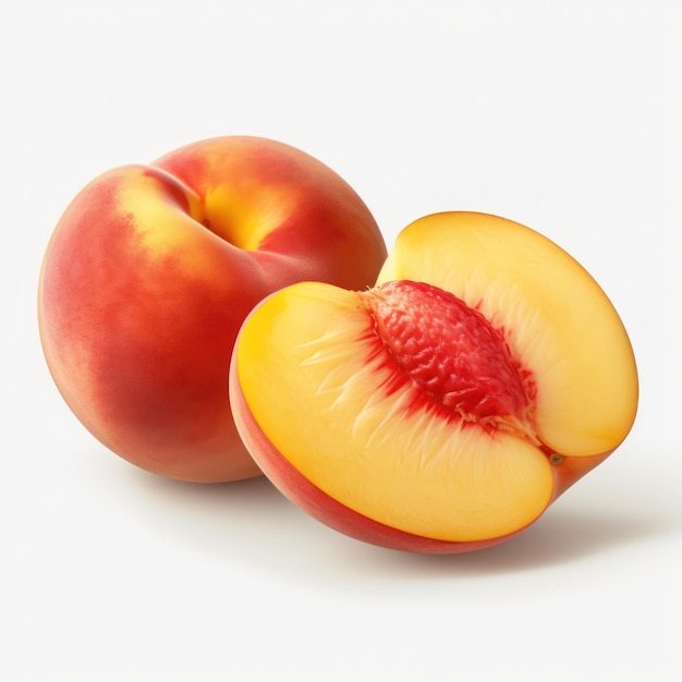 fresh delicious peaches with leaves on white background