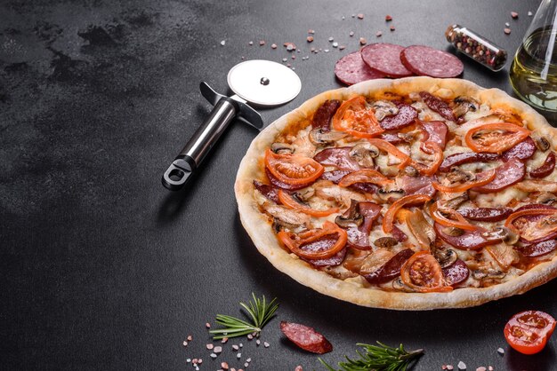 Deliziosa pizza fresca fatta in un forno con focolare con salsiccia, pepe e pomodori