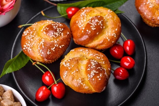 Fresh delicious rice flour muffins with cherries on a conacre