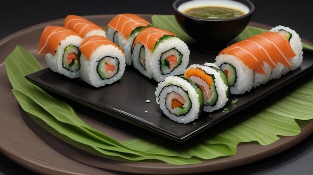 Fresh delicious salmon fish sushi on the plate