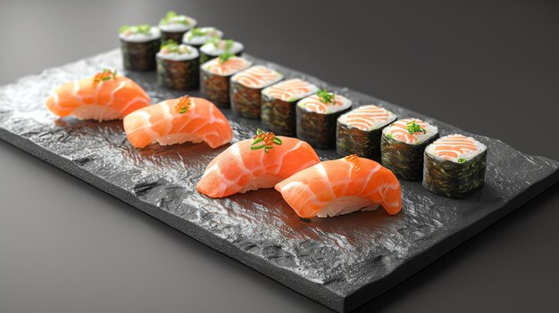 Fresh and delicious sushi on a black stone plate The perfect meal for any occasion