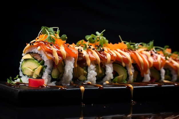 Fresh delicious sushi rolls on a dark background