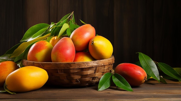 Fresh delicious sweet mangoes on wooden background