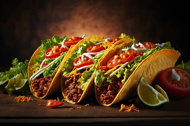Photo fresh delicious tacos with vegetables meat in tortilla tortilla with sauce