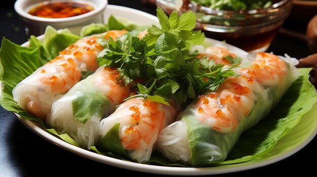 Fresh and delicious Vietnamese spring rolls with shrimp rice paper and vegetables