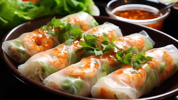 Photo fresh and delicious vietnamese spring rolls with vegetables and shrimp