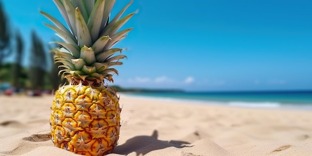 Fresh and delicious whole pineapple with leaves on on the beach sand againts sea and blue sky