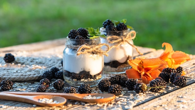 Fresh delicious yogurt for Breakfast with added blackberries