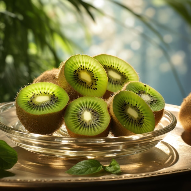 Fresh Delights Sliced Kiwis in a Bowl amidst a Natural Setting Generative AI