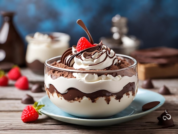 Fresh Dessert with Chocolate and Whipped Cream on Wooden Table