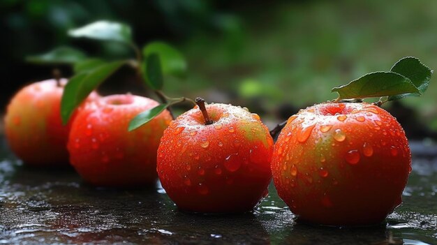 Fresh Dew Drops Glistening on Vibrant Red Apples with Green Leaves Against a Soft Focus Background