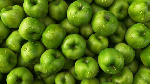 Foto mele verdi fresche riempite di rugiada che riempiono la cornice che simboleggia l'abbondanza e la salute