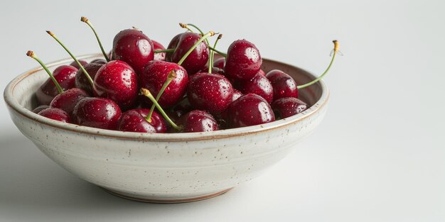 Fresh Dewy Cherries in Ceramic Bowl on white background