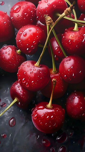 Fresh Dewy Cherries in CloseUp on a Dark Background