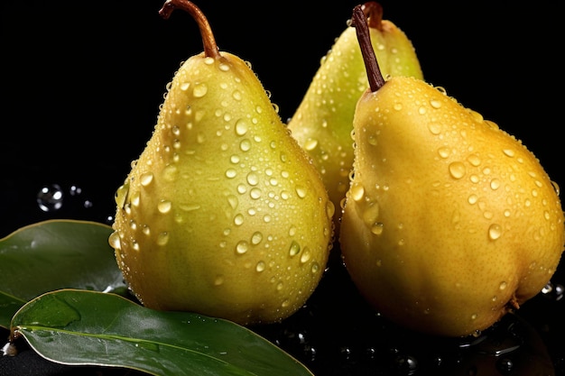 Fresh dewy pears on dark background