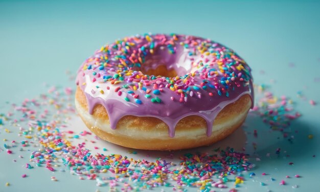 fresh donat or doughnut with glaze and pastry sprinkle on blue background sweet snack