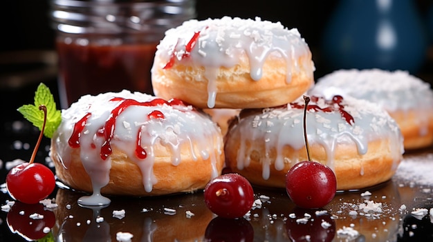 Fresh donuts with cherry jam on light blue background