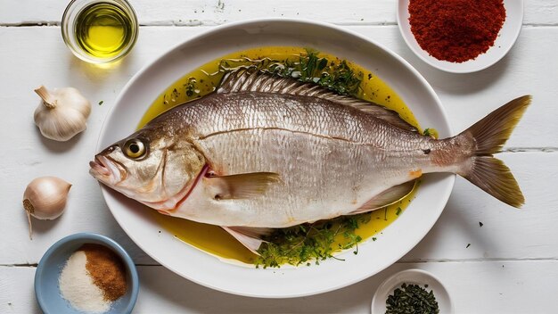 Fresh dorado fish with spices olive oil garlic and seasoning on white dish on white table