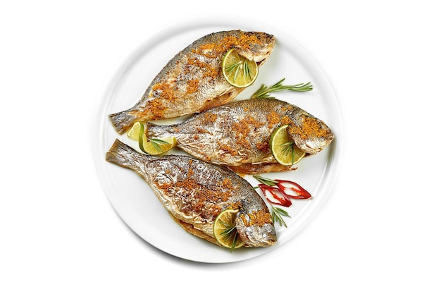 Fresh dorado marinated in spices Closeup selective focus White background