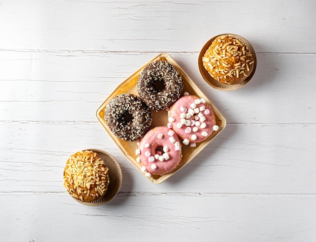 Fresh doughnuts to take away in a recyclable material box