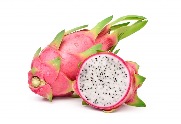 Fresh dragon fruit with sliced and water droplets isolated on white. Clipping path.